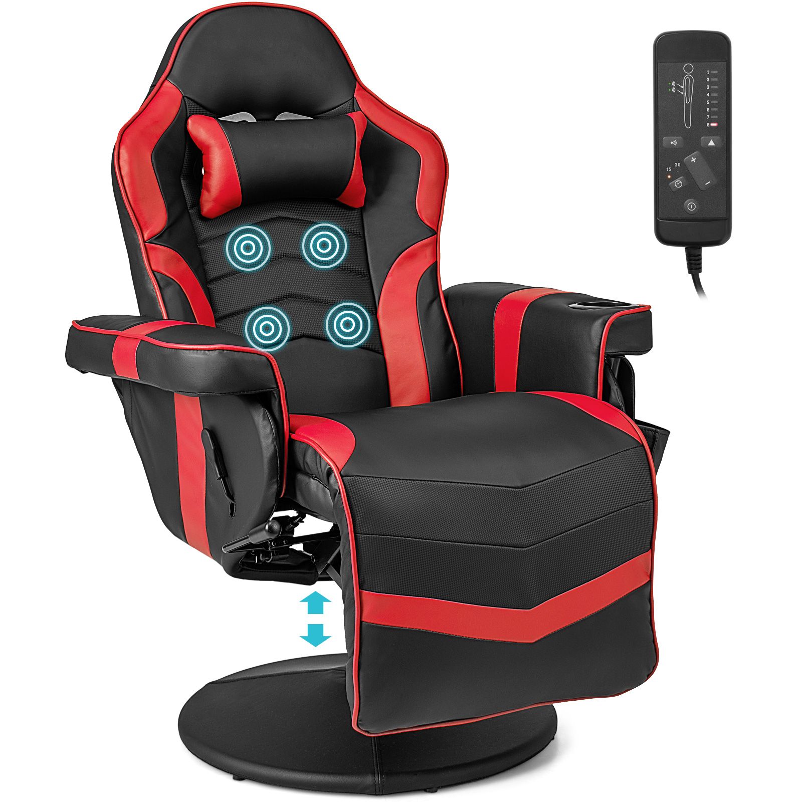 Electric Massage Gaming Chair with Cup Holder and Side Pouch Red